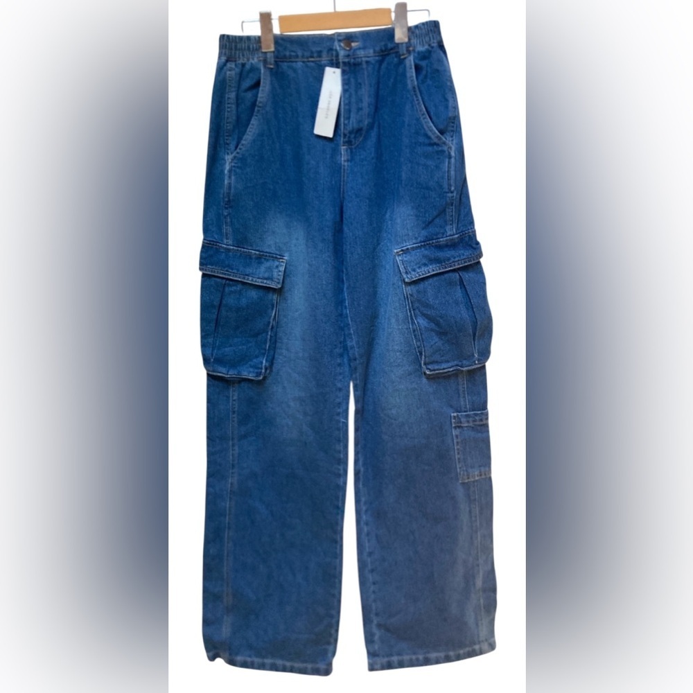 TIMING NWT‎ Women's Cargo Jeans Size Medium Trendy Loose Fit Utility Blue